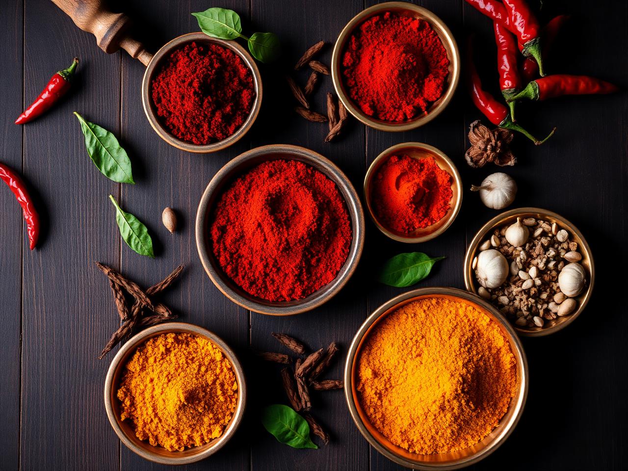 Traditional Indian Spices in copper bowls